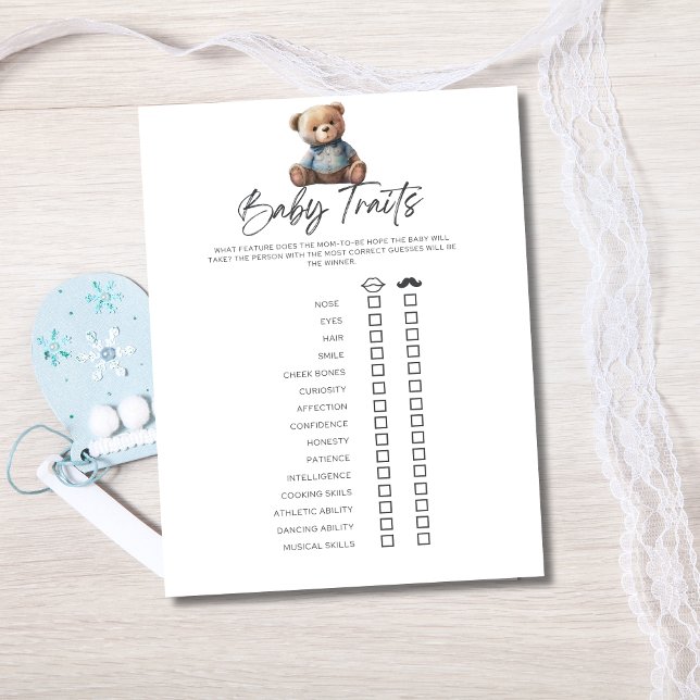 Invitation Jeu de Baby Shower Bébé Garçon Traits de Bébé Issu (Baby Shower Traits Game for Baby  boy shower with Blue Teddy Bear.)