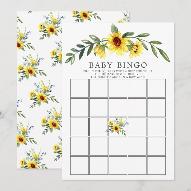 Invitation Jeu de Baby shower BINGO de tournesol jaune (Devant / Derrière)