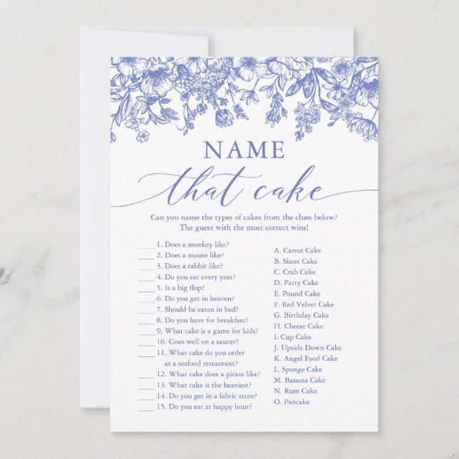 Invitation Jeu de Baby Shower Blue Floral pour deviner le nom (Devant)