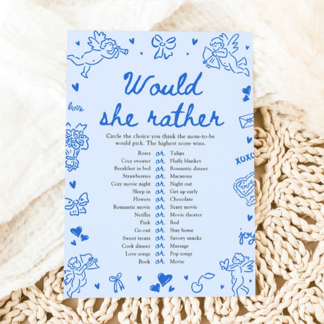 Invitation Jeu de Baby Shower Blue Hand Drawn "Would She Rath (Blue Hand Drawn Would She Rather Baby Shower Game)