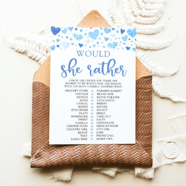Invitation Jeu de Baby Shower Blue Valentine Would She Rather (Watercolor Cute Blue Hearts Valentine Sweetheart February Boy Would She Rather Baby Shower Game)