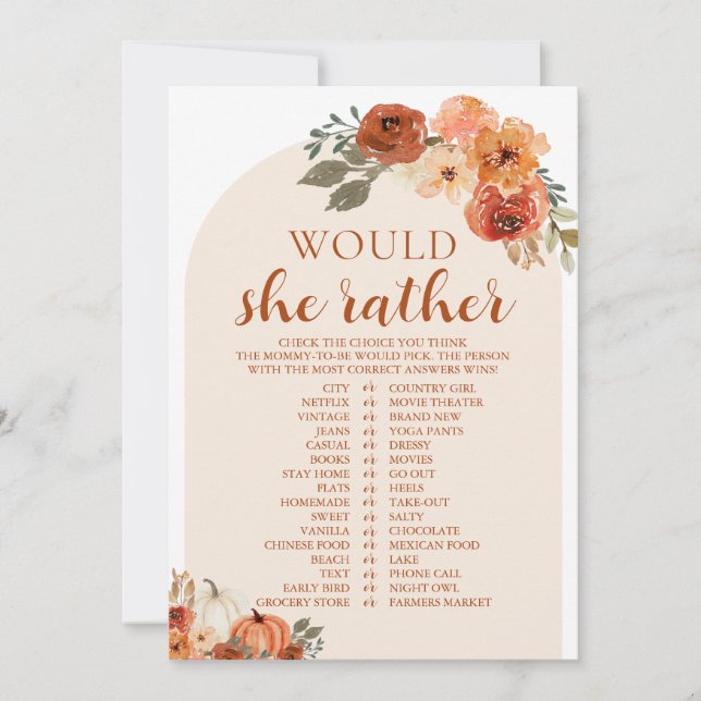 Invitation Jeu de Baby Shower « Citrouille d'Automne : Préfér (Devant)