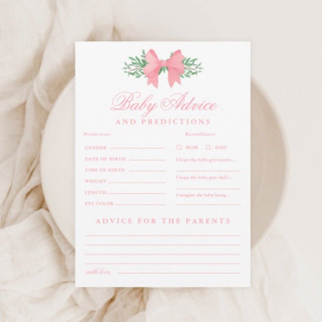 Invitation Jeu de Baby Shower Conseils et Prédictions Bébé Ru (Elegant Pink Bow Baby Advice and Predictions Shower Game.)