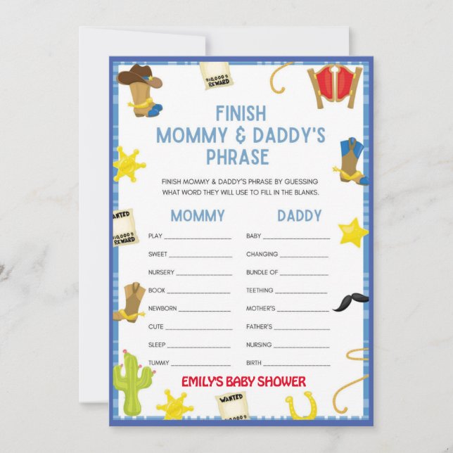 Invitation Jeu de Baby shower Cowboy - Nom modifiable, taille (Devant)