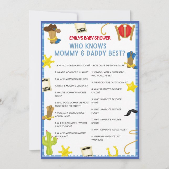 Invitation Jeu de Baby shower Cowboy - Nom modifiable, taille (Devant)