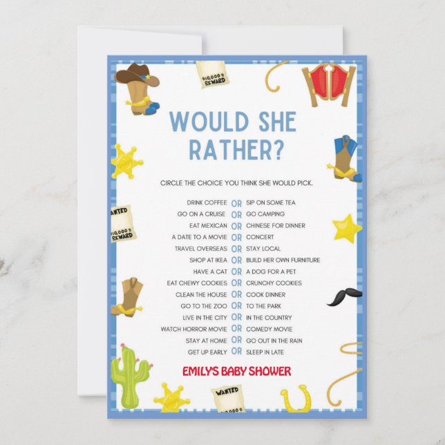 Invitation Jeu de Baby shower Cowboy - taille 5x7 (Devant)