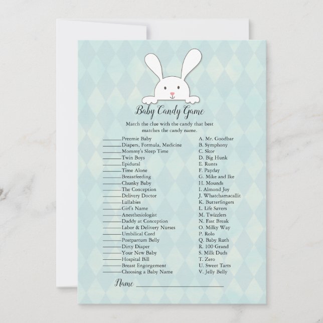 Invitation Jeu de Baby shower de bonbons lapin blanc lapin (Devant)