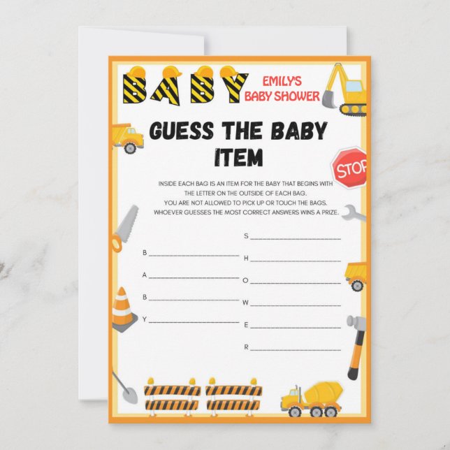 Invitation Jeu de Baby shower de construction - Nom modifiabl (Devant)