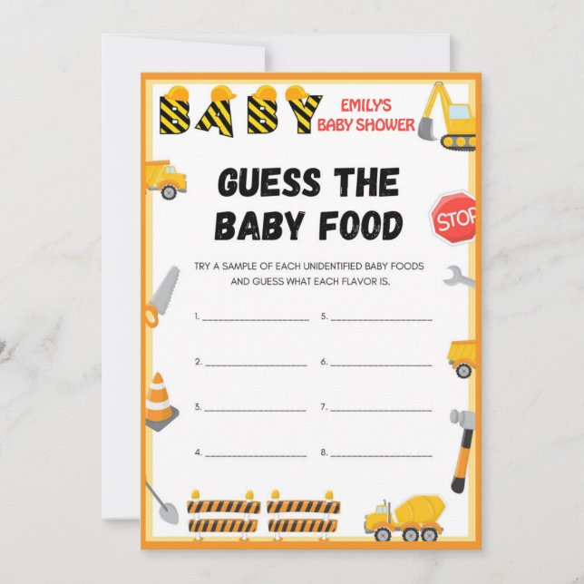 Invitation Jeu de Baby shower de construction - Nom modifiabl (Devant)