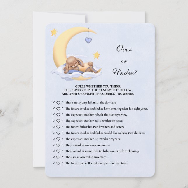 Invitation Jeu de Baby shower de lapin plus ou moins? (Devant)