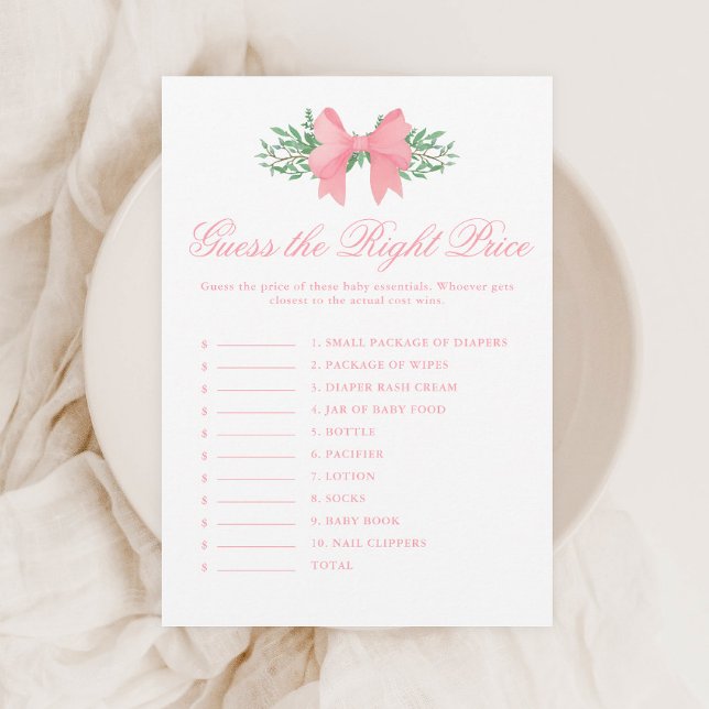Invitation Jeu de Baby Shower : Devinez le Prix du Ruban Rose (Elegant Pink Bow Guess the Right Price Baby Shower Games.)