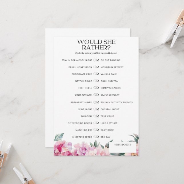 Invitation Jeu de Baby Shower `Elle Préférerait` Fleurs Roses (Devant/Arrière en situation)