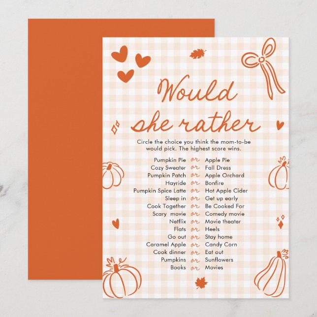 Invitation Jeu de baby shower « Fall Pumpkin Would She Rather (Devant / Derrière)