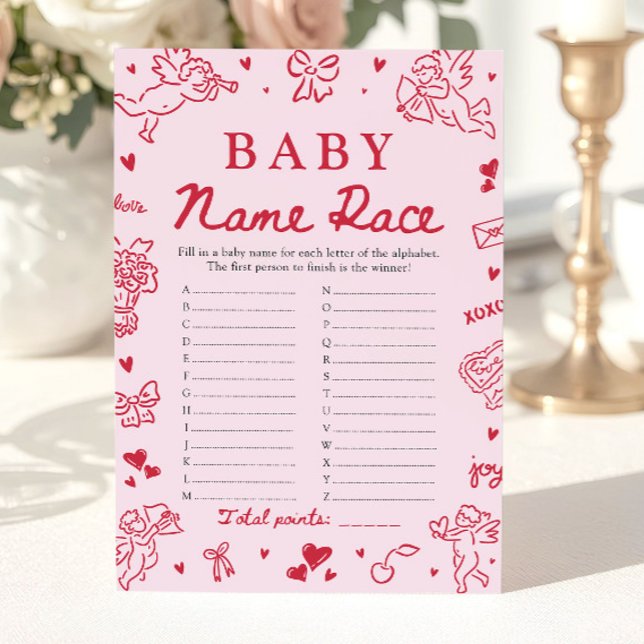 Invitation Jeu de Baby Shower Fille Rose Dessinée à la Main p (Pink Hand Drawn Baby Name Race Baby Shower Game)