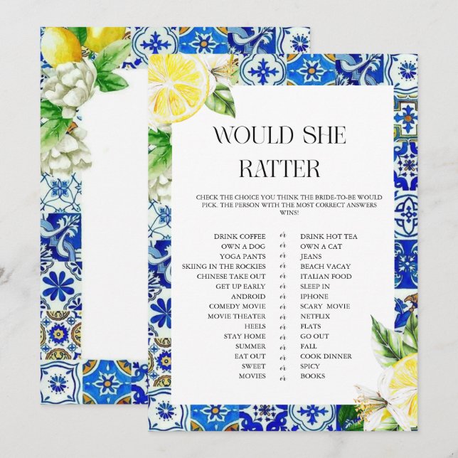 Invitation Jeu de Baby Shower Mariage Carrelage Bleu Citron (Devant / Derrière)