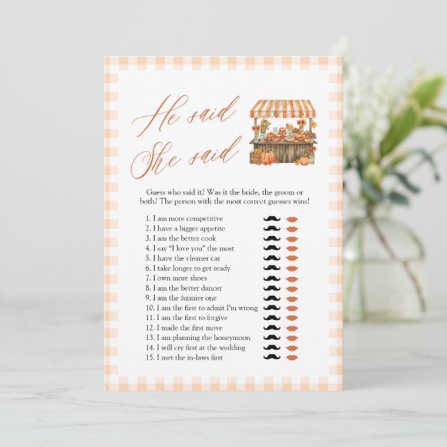 Invitation Jeu de Baby Shower Mariage Fall Orange Il a Dit El (Debout devant)