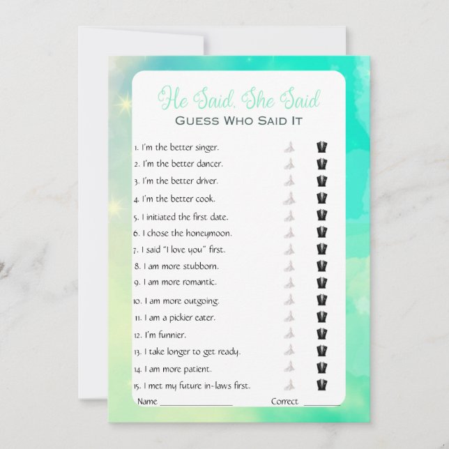 Invitation Jeu de Baby Shower Mariage 'Il a dit, Elle a dit' (Devant)