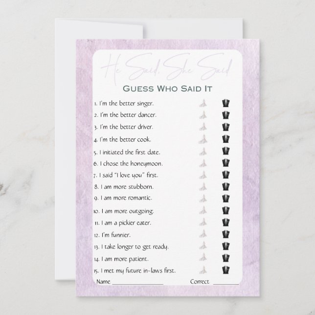 Invitation Jeu de Baby Shower Mariage 'Il a dit, Elle a dit' (Devant)