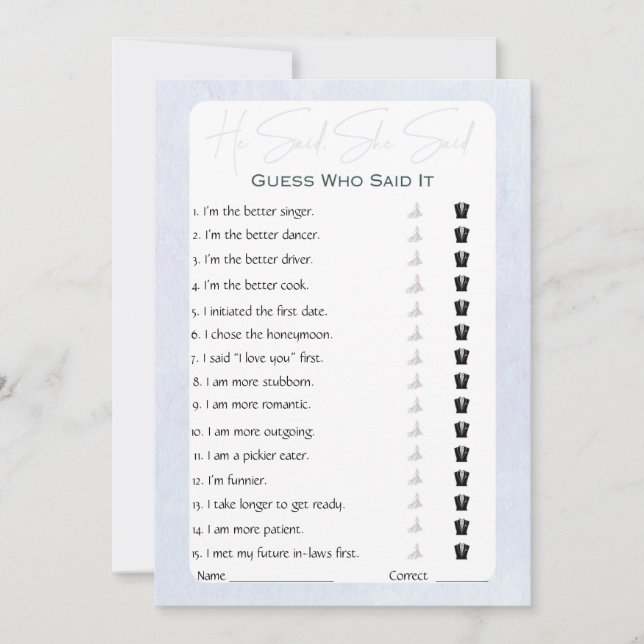 Invitation Jeu de Baby Shower Mariage 'Il a dit, Elle a dit' (Devant)