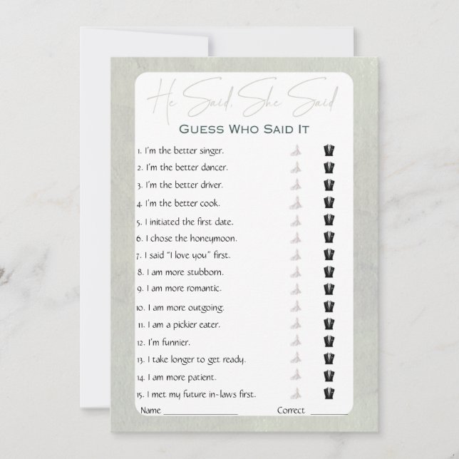 Invitation Jeu de Baby Shower Mariage Il a dit Elle a dit (Devant)
