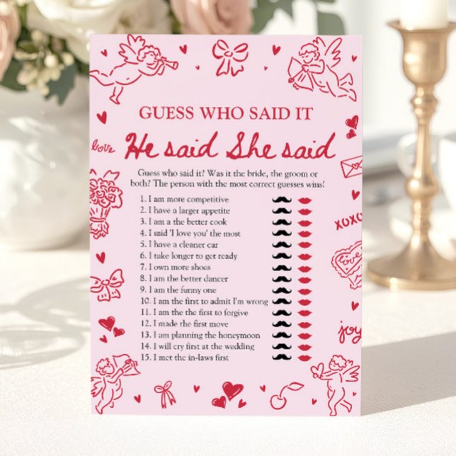 Invitation Jeu de Baby Shower Mariage Rose Saint Valentin Il  (Pink Valentine He Said She Said Bridal Shower Game )