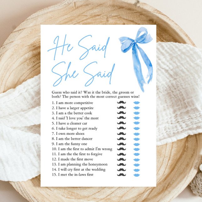 Invitation Jeu de Baby Shower Mariage Ruban Bleu 'Il a Dit, E (Modern Watercolor Dusty Blue Bow He Said She Said Bridal Shower Game)