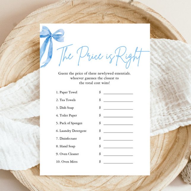 Invitation Jeu de Baby Shower Mariage Ruban Bleu The Price is (Modern Watercolor Dusty Blue Bow The Price is Right Bridal Shower Game)