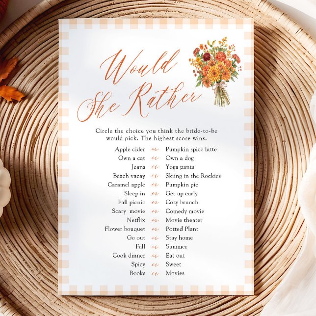 Invitation Jeu de Baby Shower Mariage « Would She Rather » Or (Fall Orange Would She Rather Bridal Shower Game)