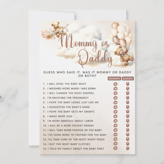 INVITATION JEU DE BABY-SHOWER OURSON EN BALLONS MAMAN OU PAPA (Devant)