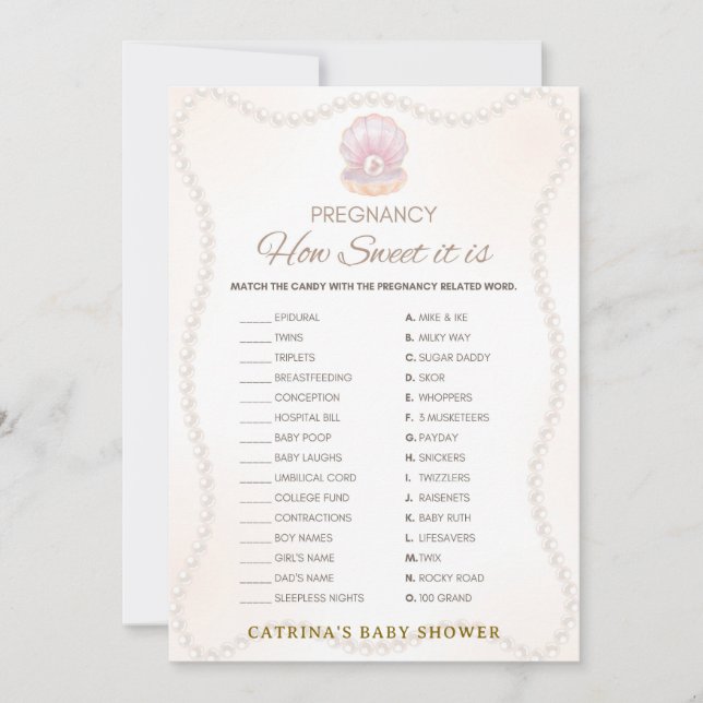 Invitation Jeu de Baby Shower Perle - Nom éditable, 5x7 (Devant)