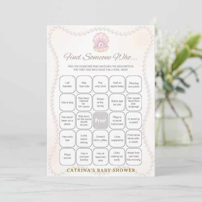 Invitation Jeu de Baby Shower Perle - Nom éditable, 5x7 (Debout devant)
