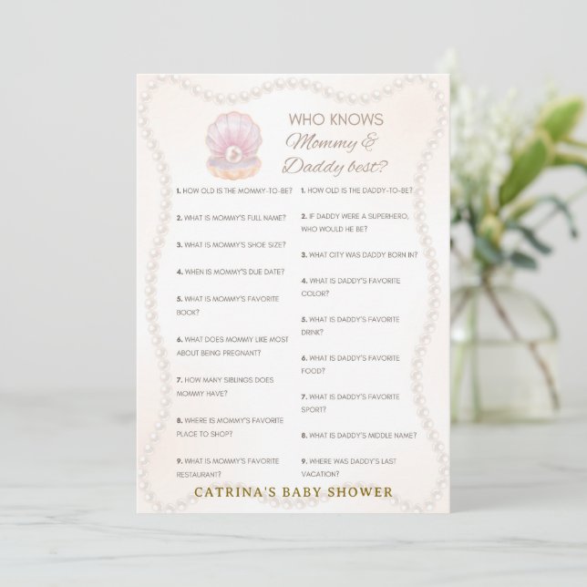 Invitation Jeu de Baby Shower Perle - Nom éditable, 5x7 (Debout devant)