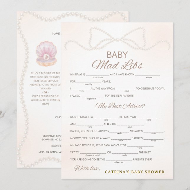 Invitation Jeu de Baby Shower Perle - Nom éditable, 5x7 (Devant / Derrière)