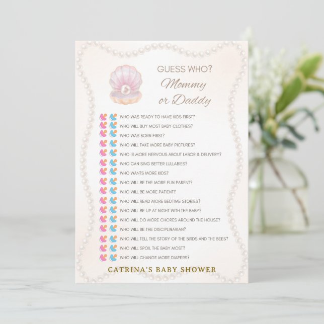 Invitation Jeu de Baby Shower Perle - Nom éditable, 5x7 (Debout devant)