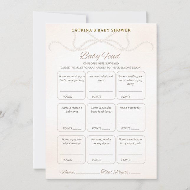 Invitation Jeu de Baby Shower Perle - Nom éditable, 5x7 (Devant)