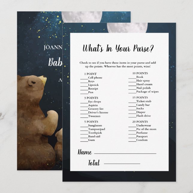 Invitation Jeu de baby shower « Que contient ton sac, bébé ou (Devant / Derrière)