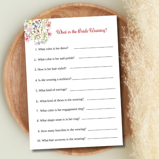 Invitation Jeu de Baby Shower Qu'est-ce que la mariée porte (Bridal Shower Game 5x7 card- What is the Bride Wearing)