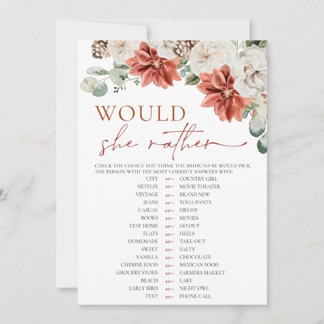 Invitation Jeu de Baby Shower 'Red Winter Would She Rather' (Devant)