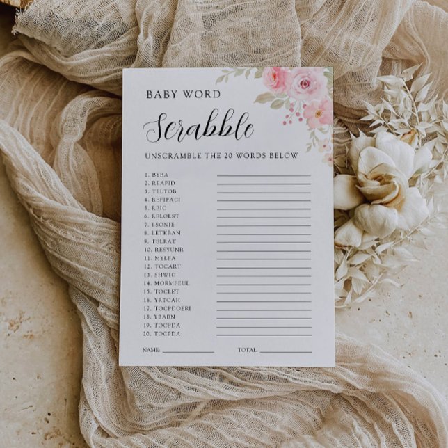 Invitation Jeu de Baby shower rose - Brouillage de mots (Rose Baby shower game – Word scramble Invitation)