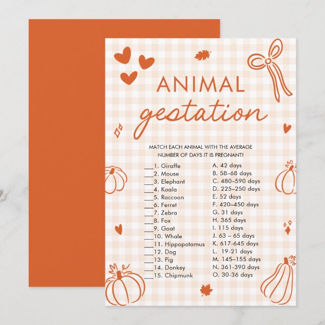 Invitation Jeu de Baby Shower sur la gestation des animaux de (Devant / Derrière)
