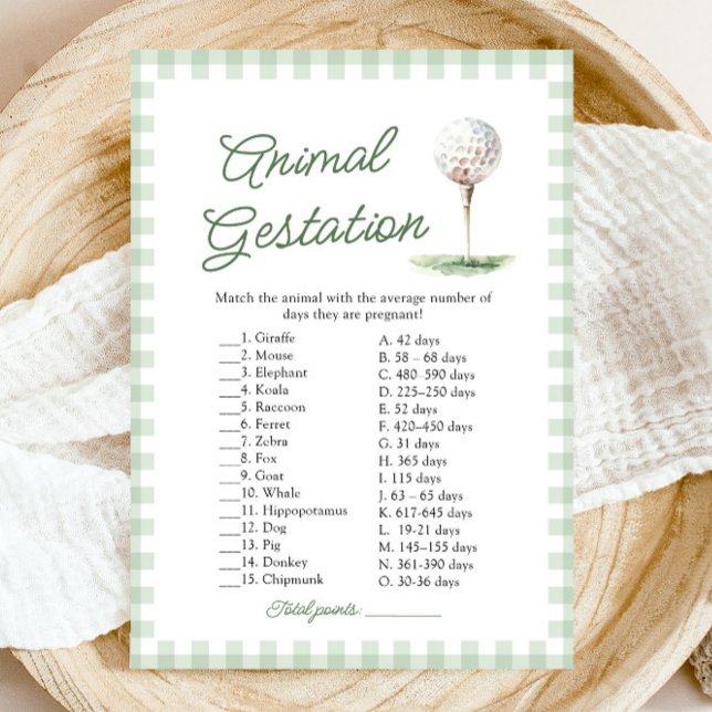 Invitation Jeu de Baby Shower sur la Gestation des Animaux de (Sage Green Golf Animal Gestation Baby Shower Game)