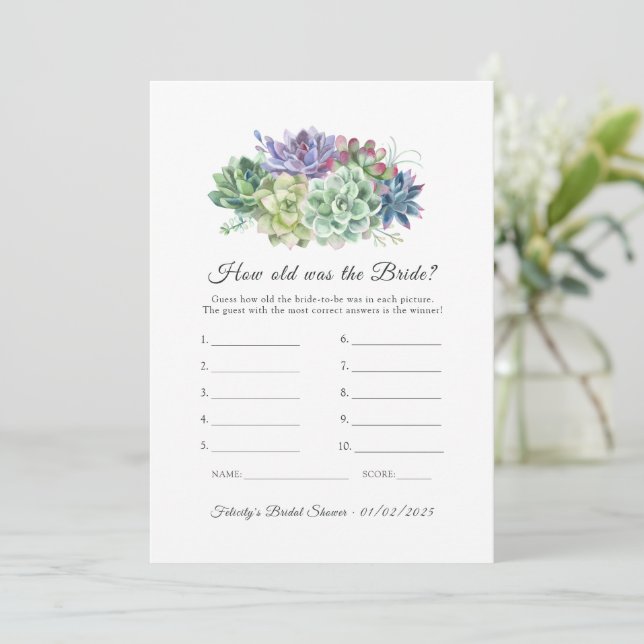 Invitation Jeu de Baby Shower sur les Succulentes (Debout devant)