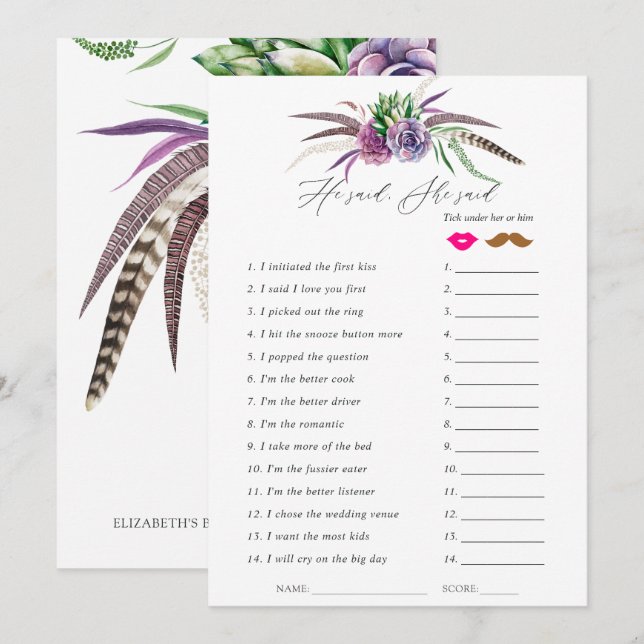 Invitation Jeu de Baby Shower sur les Succulentes Mystiques (Devant / Derrière)