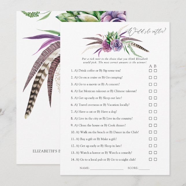 Invitation Jeu de Baby Shower sur les Succulents Mystiques (Devant / Derrière)