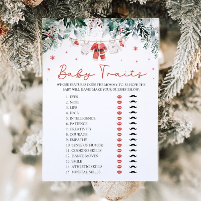 Invitation Jeu de baby shower Traits Bébé Santa de Noël Rouge (Watercolor Cute Red Christmas Santa Baby Traits Baby Shower Game)