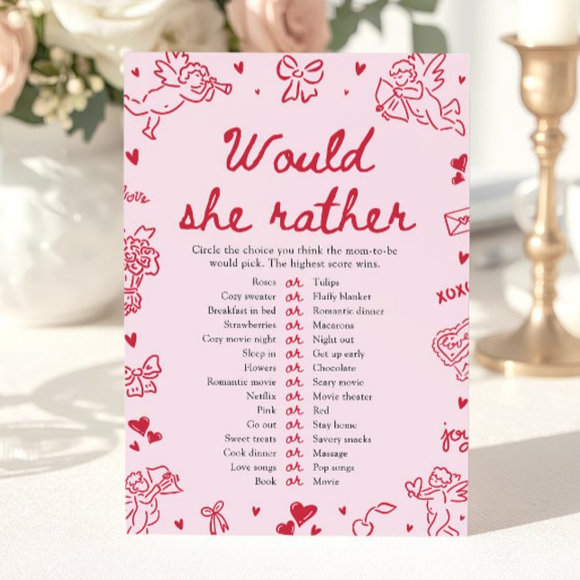 Invitation Jeu de Baby Shower « Would She Rather » Dessiné à  (Pink Hand Drawn Would She Rather Baby Shower Game)