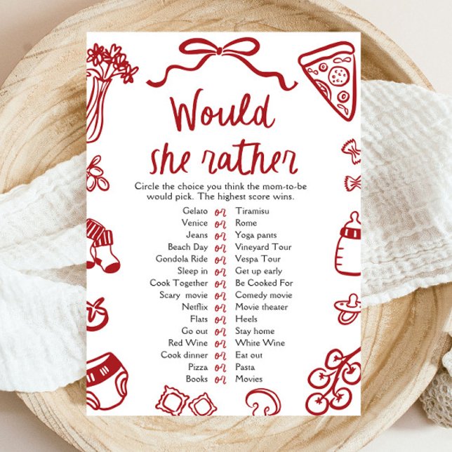 Invitation Jeu de Baby Shower « Would She Rather » Italien Ro (Red Italian Would She Rather Baby Shower Game)