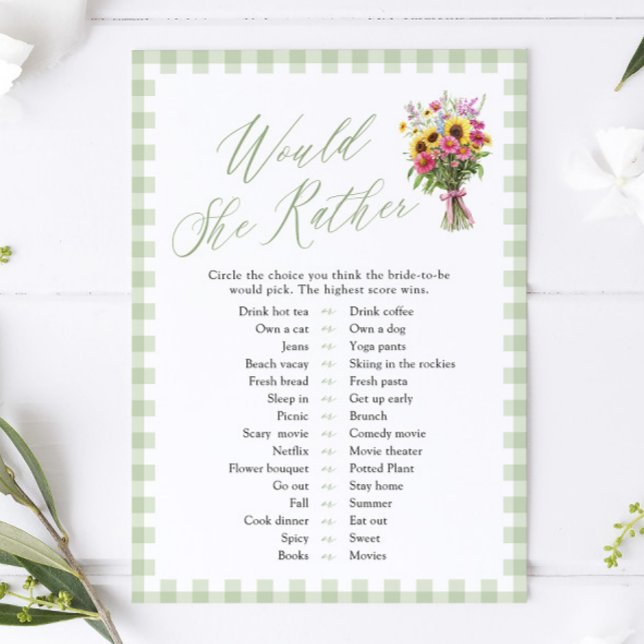Invitation Jeu de Baby Shower « Would She Rather » Vert Sauge (Sage Green Would She Rather Bridal Shower Game)