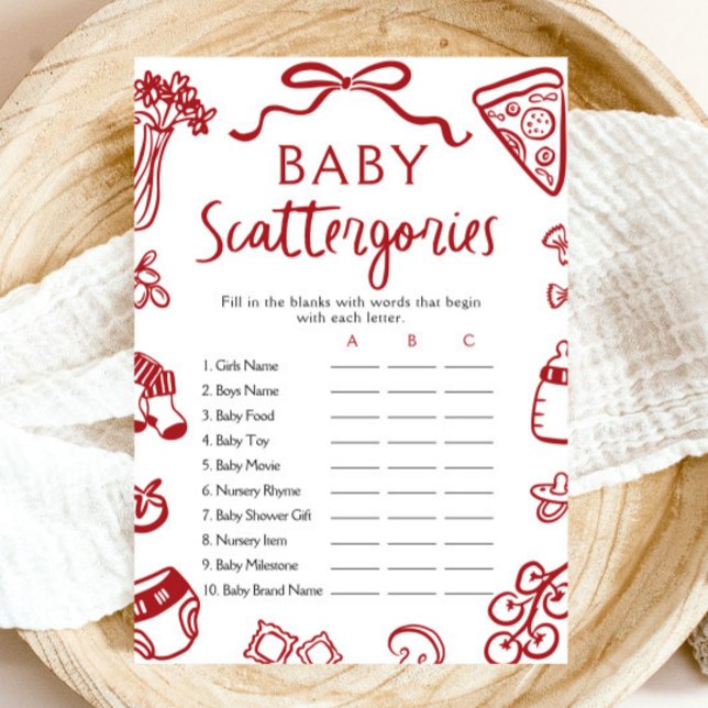 Invitation Jeu de Baby showers italiens dessinés à la main (Hand Drawn Italian Baby Shower Scattergories Game)