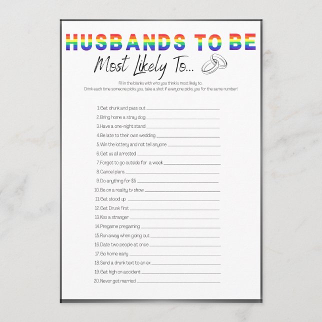 Invitation Jeu De Bachelor Gay, Le Plus Probable (Devant)